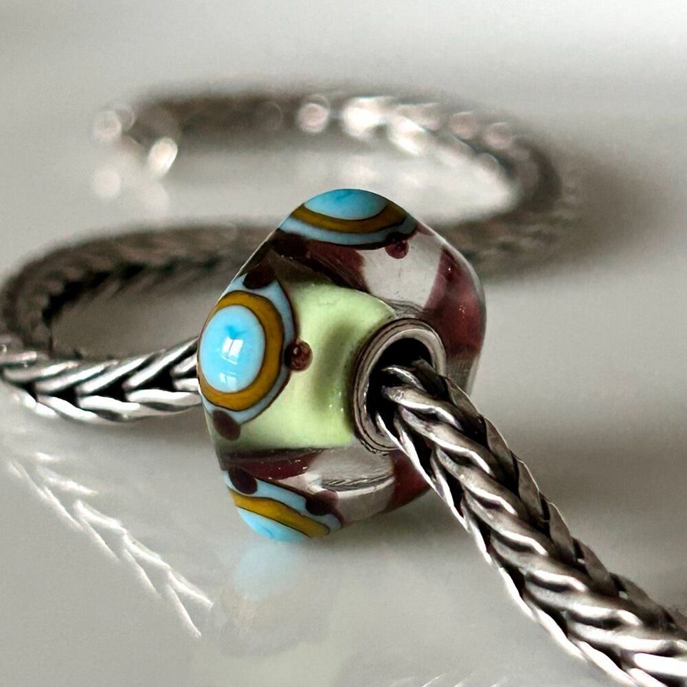 TROLLBEADS Sky Blue, Mustard & Brown on Green (BEAD #3) LAA 925S Excellent
